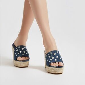 Miu Miu Stylish Denim Platform Sandals with Rhinestones